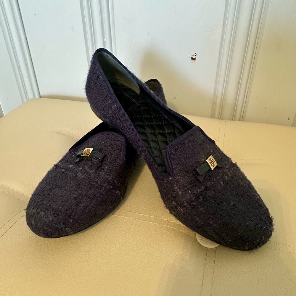 Tory Burch navy tweed loafers
